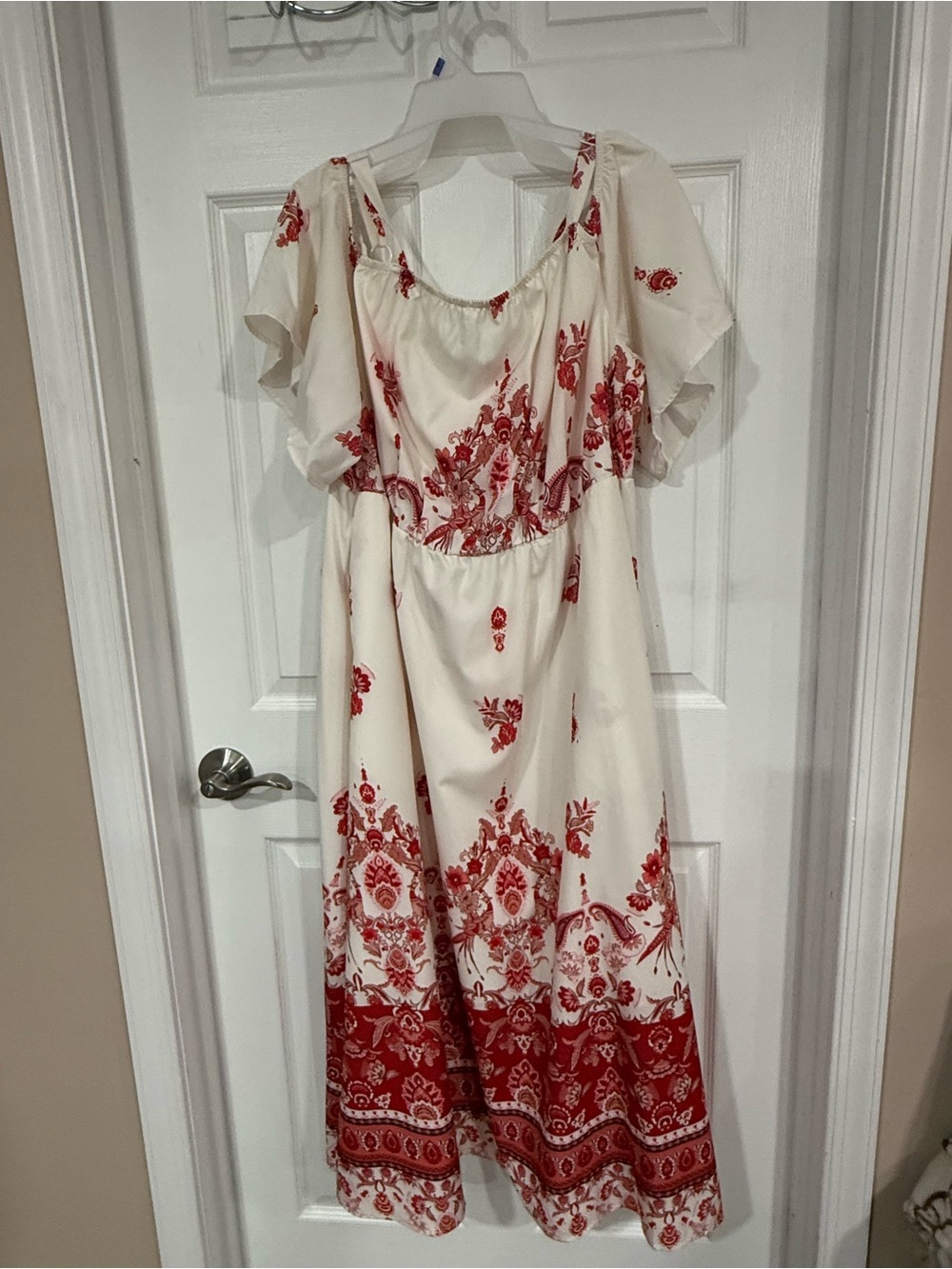 BloomChic Cream Maxi Dress with Red Border Print